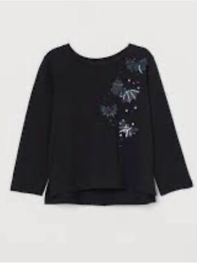 H&M Black Long Sleeve Sequin Spider Halloween Shirt Sz 8-10